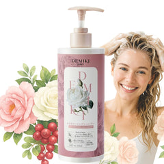 DEMIKI Shampooing rose en bouteille, parfum floral durable pour un rituel capillaire.