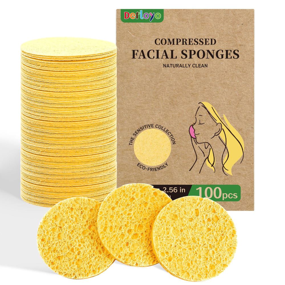 Derloyo compressed facial sponges yellow pack for easy travel and daily cleansing.
