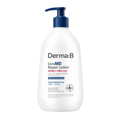 Flacon Derma B ceramd repair lotion montrant une hydratation apaisante pour peau sèche.