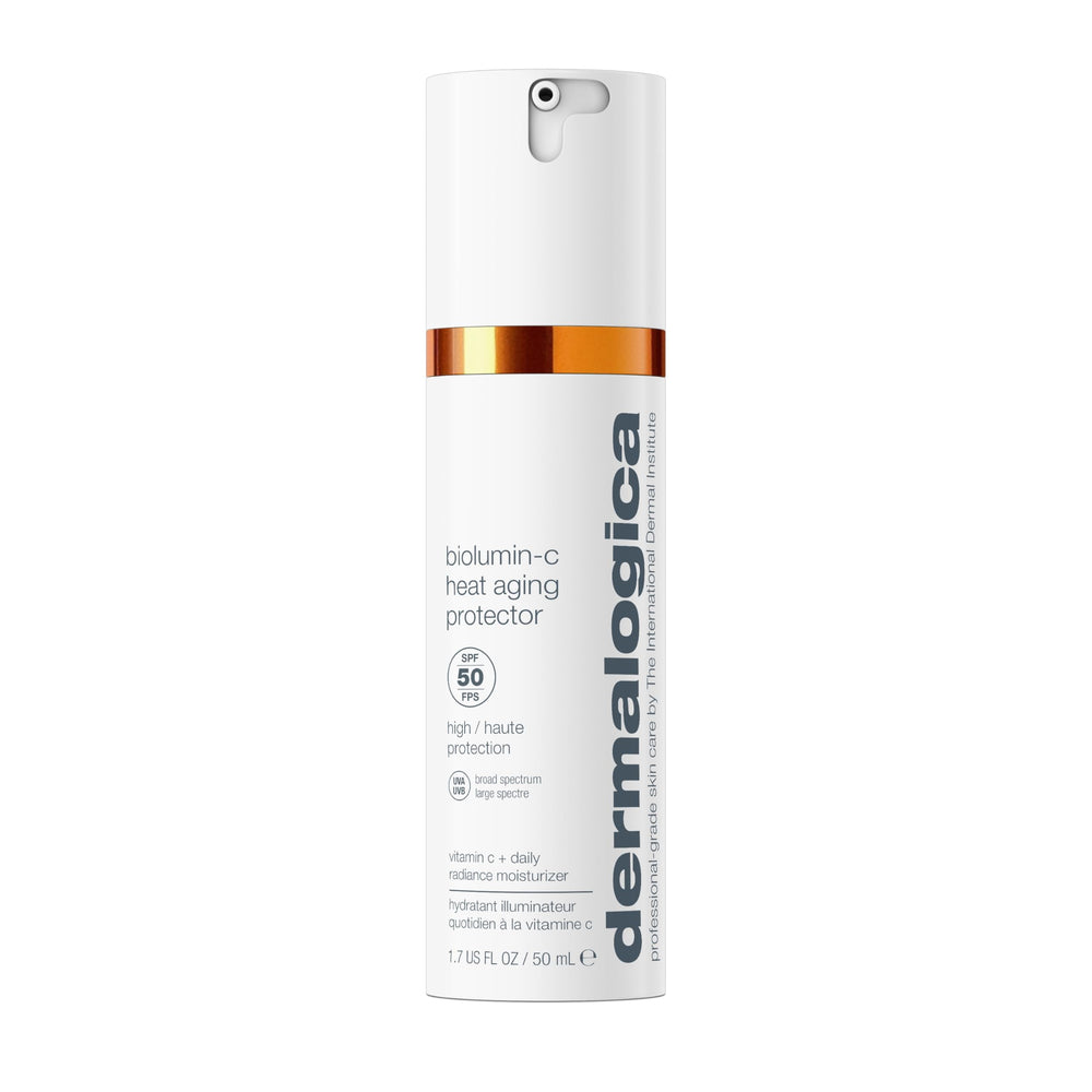 Dermalogica BioLumin-C Heat Aging Protector SPF 50 – flacon en avant-plan, protection solaire quotidienne.
