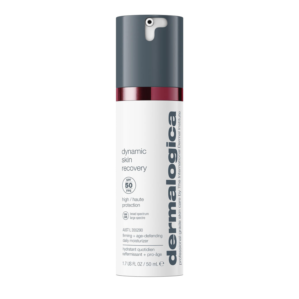 Dermalogica Dynamic Skin Recovery SPF50, bouteille: hydratation durable et protection UV.