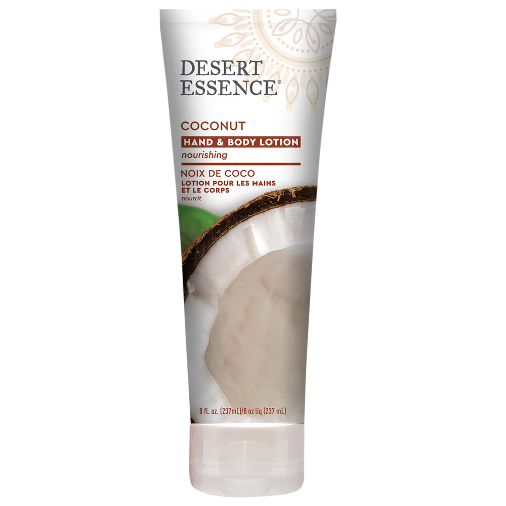Desert Essence – Bouteille-lotion-coco, hydratation légère et parfum coco.