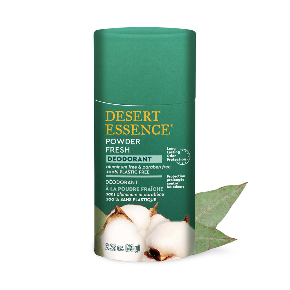 Desert Essence Déodorant poudre naturelle, bouteille compacte, fraîcheur durable au quotidien.