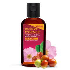 Desert Essence huile moringa-jojoba-rose-musquee, application visage pour un éclat naturel.