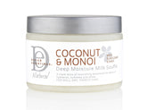 Design Essentials lait-soufflé Coco-Monoi en flacon, hydratation intense pour cheveux bouclés.