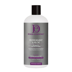design essentials shampoing menthe-poivrée et aloe en bouteille, réduit les pellicules et hydrate le cuir chevelu.