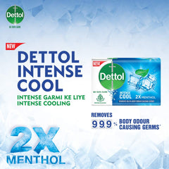 Emballage Dettol Cool montrant les quatre barres, pratique et économique.