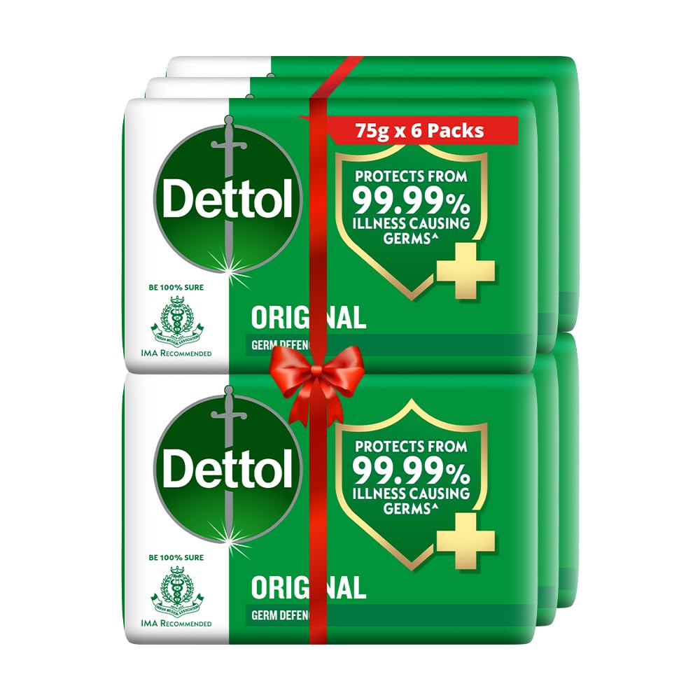Savon Dettol Original 100 g en pack de six prêt pour la routine familiale.