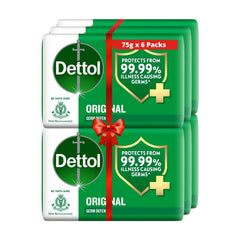 Savon Dettol Original 100 g en pack de six prêt pour la routine familiale.
