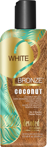 Devoted Creations White 2 Bronze Coconut — bouteille visible, colorant bronzant pour une teinte rapide.