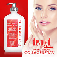 Devoted Creations Collagenetics Spa Restorative Moisturizer jar highlights rich formula for nourishing routines.