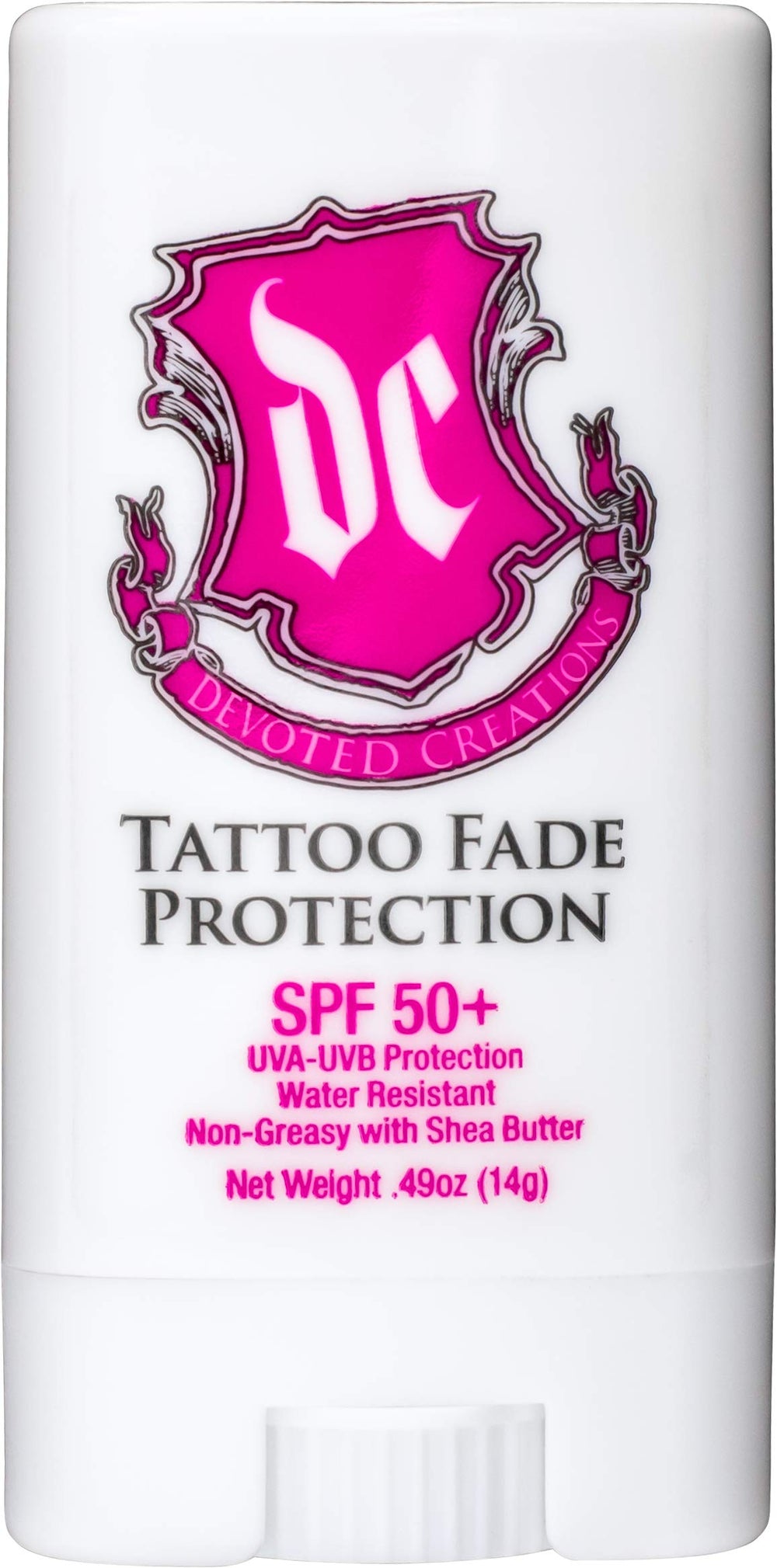 Devoted Creations Tattoo Fade Protection Stick emballage affiché, protection tatouage lors d'activités en plein air.