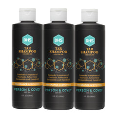 Shampoing DHS au goudron, bouteille visible, choix apaisant pour le cuir chevelu.