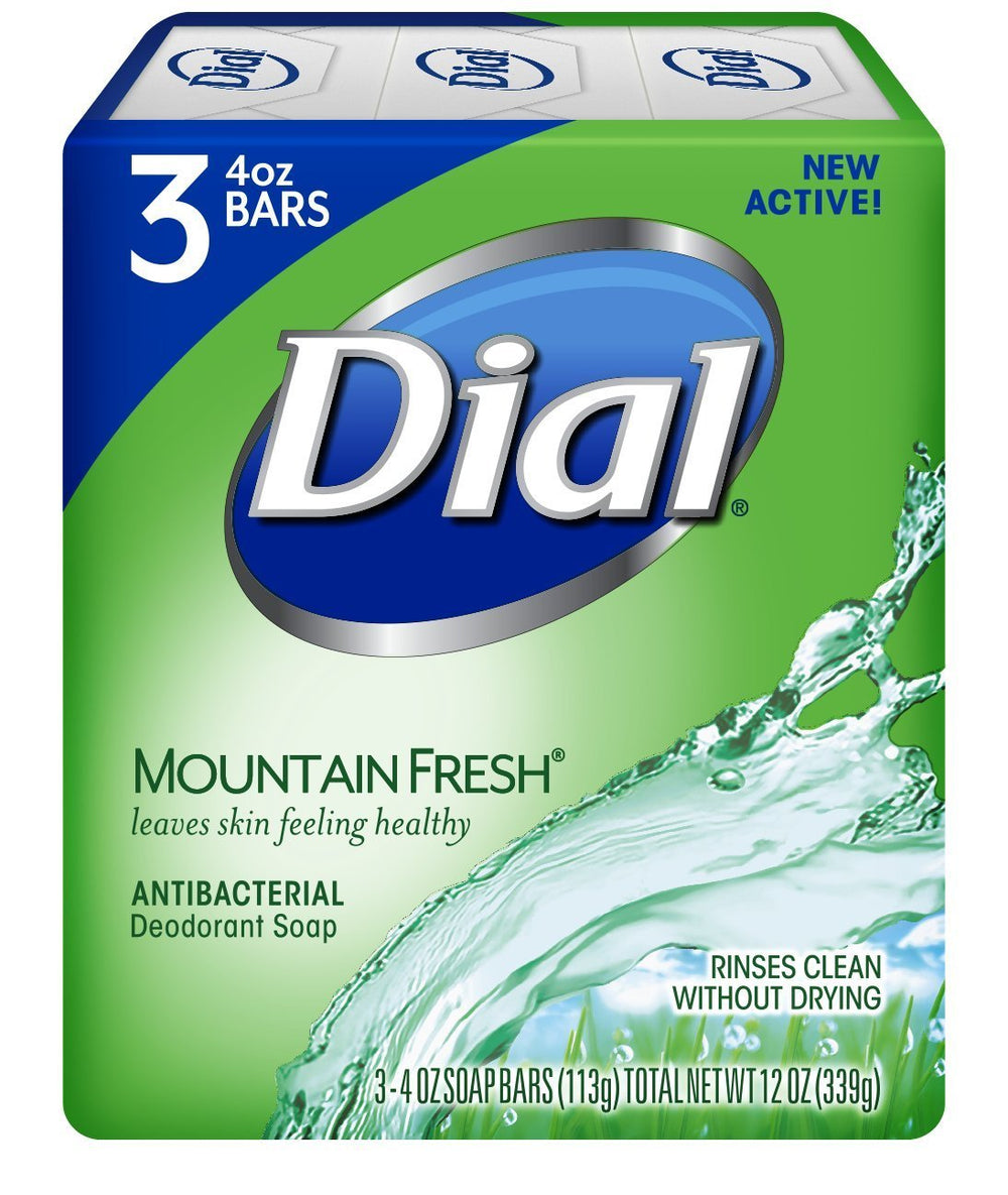 Dial Fraîcheur des Montagnes savon antibactérien, parfum frais des montagnes, sensation de propreté durable.