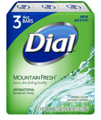 Dial Fraîcheur des Montagnes savon antibactérien, parfum frais des montagnes, sensation de propreté durable.