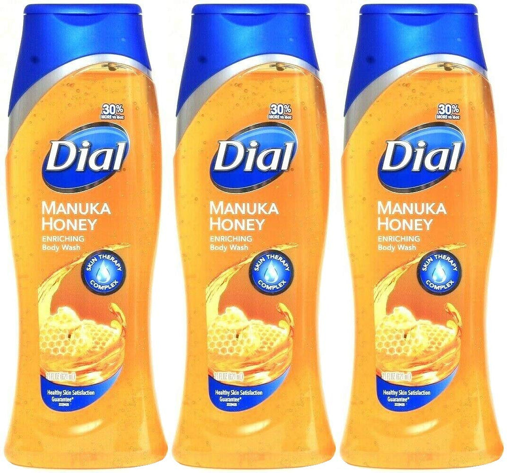 Dial Miel Manuka enrichissant pour le bain, bouteille de 21 onces, hydratation potentielle et parfum floral.