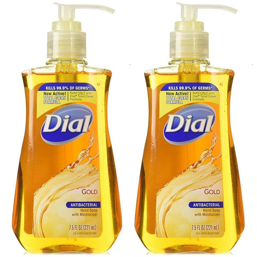 Dial savon antibactérien doré en bouteille; nettoie et hydrate les mains.