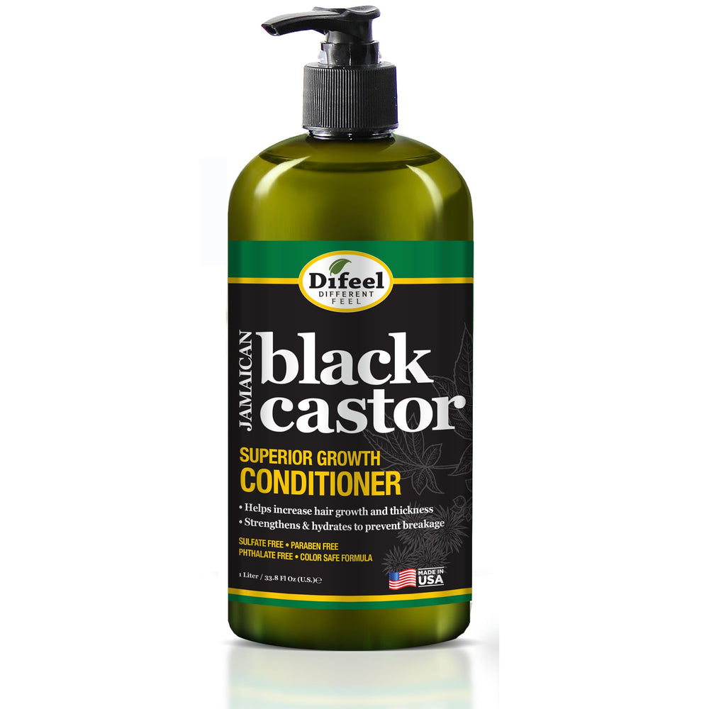 Difeel Conditionneur castor noir jamaïcain en bouteille pour cheveux forts et hydratés.