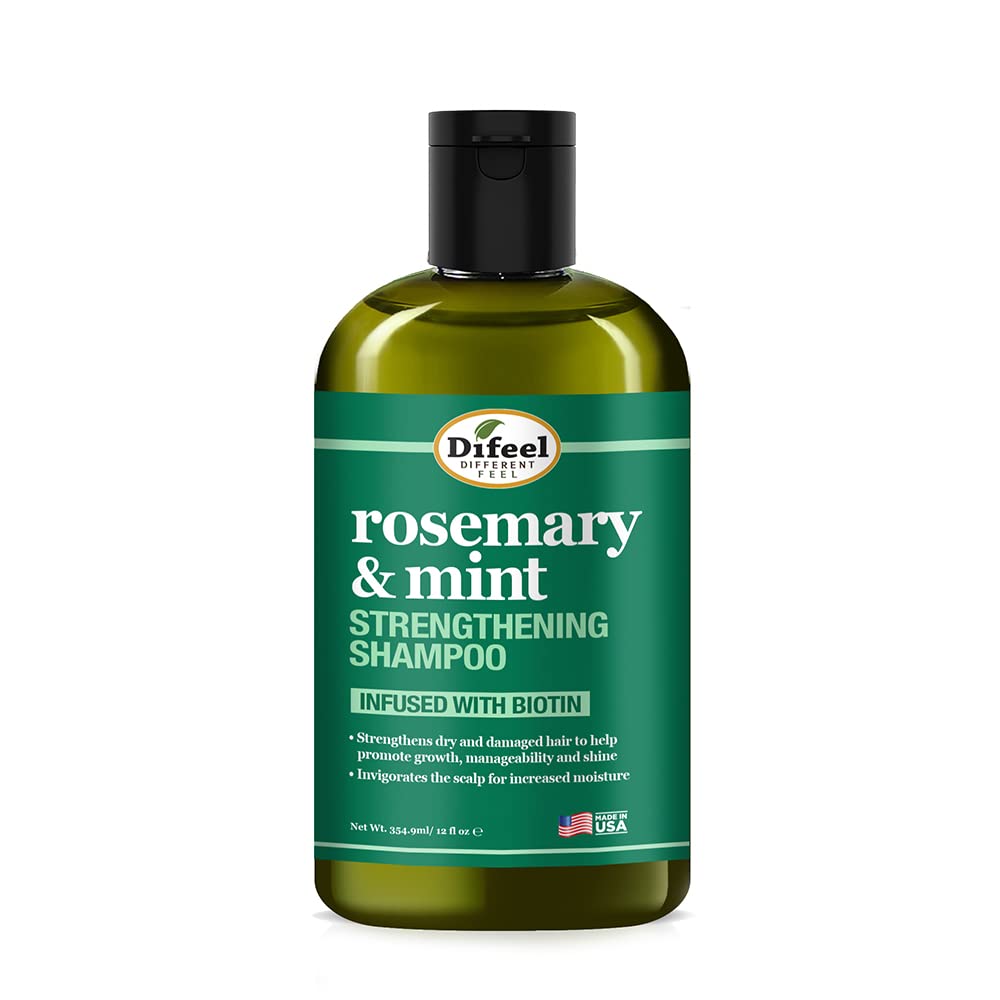 Difeel Shampoing Romarin-Menthe en bouteille, fortifiant pour cheveux.