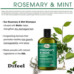 Etiquette du Shampoing Difeel Romarin-Menthe affichant ses ingrédients naturels.