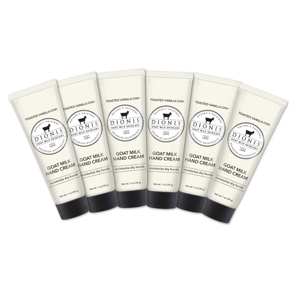 Dionis Crème mains lait chèvre Vanille Chaï, flacon élégant pour hydratation quotidienne.