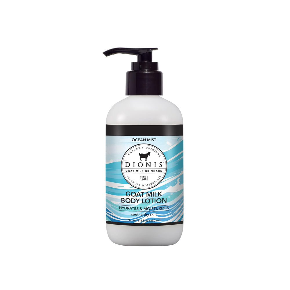Lotion corporelle Dionis au lait de chèvre, brume océanique, hydratation légère et satinée.