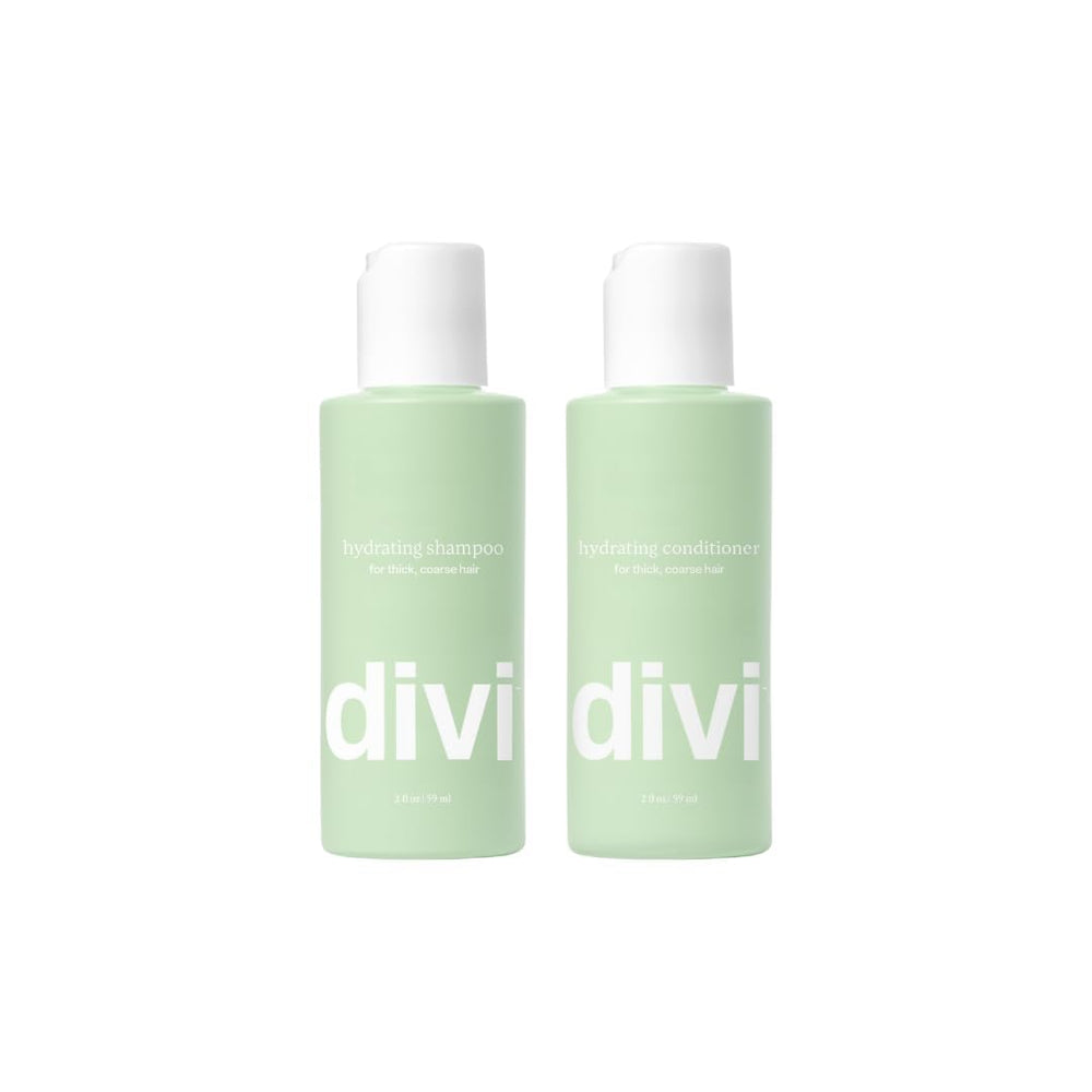 Bouteille shampoo Divi voyage, hydratation légère pour cheveux épais.