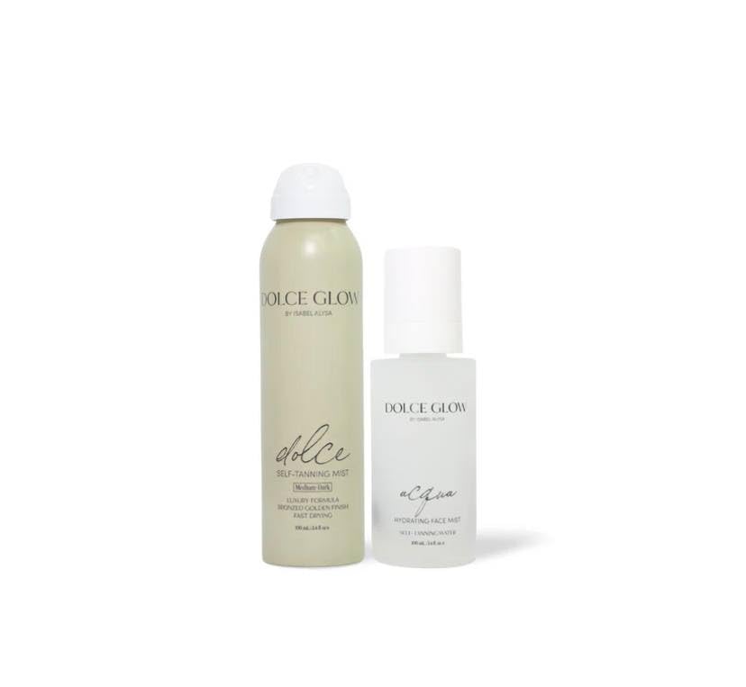 Dolce Glow Devin et Hunter Glow, brume auto-bronzante voyage pour une peau dorée subtile.