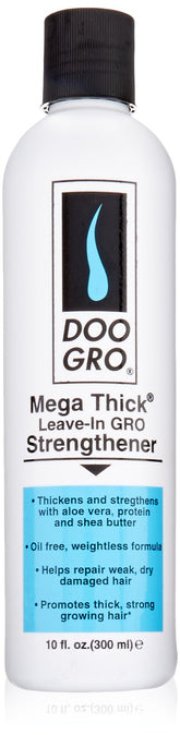 DOO GRO Mega Thick Strengthener Leave-in sur la bouteille, nourrit sans alourdir les cheveux.