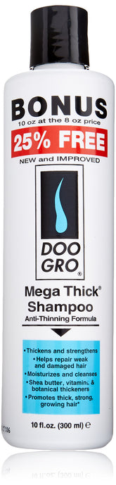 Flacon Doo Gro Mega Thick Growth Shampoo montrant l'étiquette et l'effet épaississant