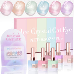 Double Rhythm vernis gel œil-de-chat: six flacons identiques avec échantillons.