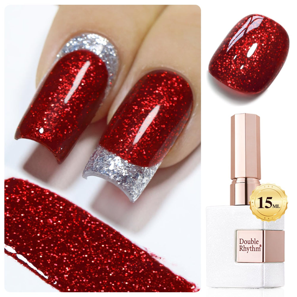 Vernis gel Double Rhythm paillette rouge cerise, longue tenue idéale pour salon et maison.