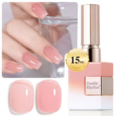 Double Rhythm vernis gel translucide rose jelly sur bouteille, couleur uniforme.