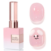 Vernis gel translucide Double Rhythm sur bouteille identique pour rendu naturel et rose pâle.