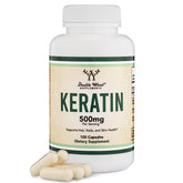 Double Wood Keratin Hair Growth Vitamin bottle on a vanity, supporting hair vitality naturally