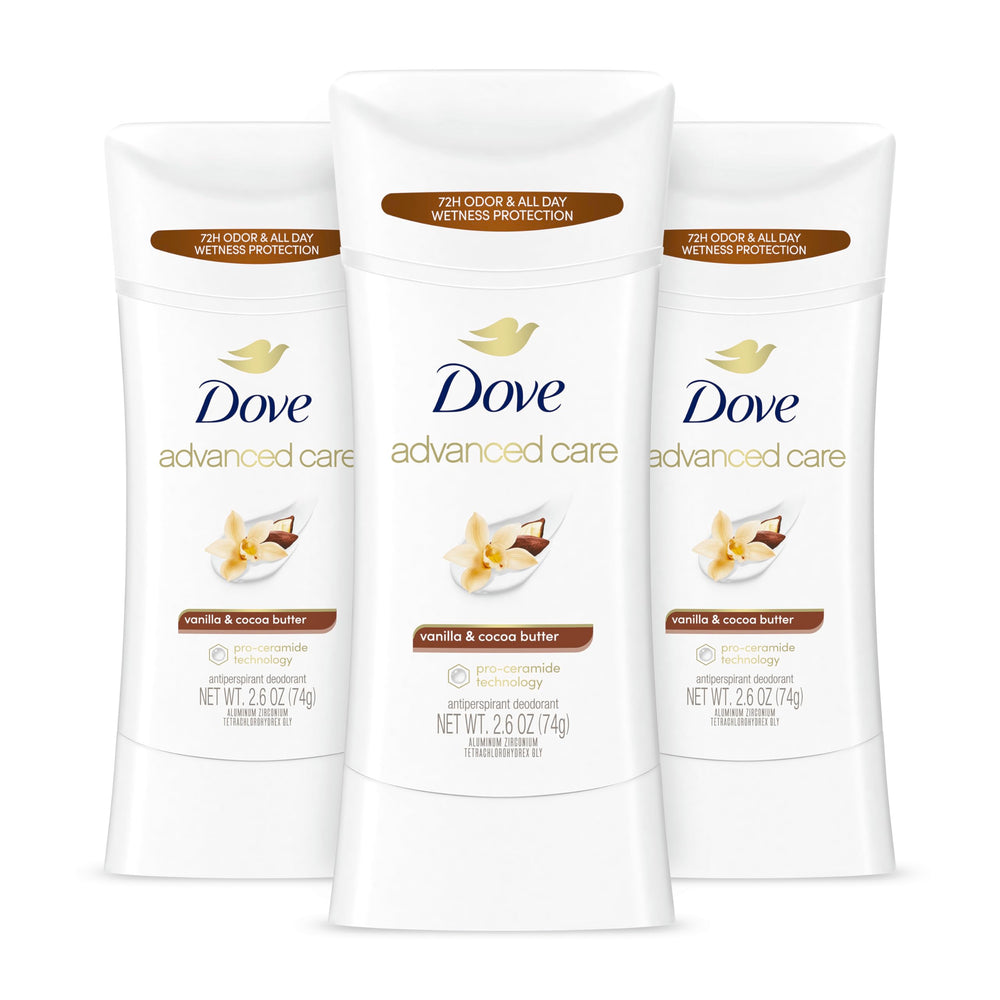 Dove Advanced Care Stick Vanille et Beurre de Cacao – emballage prêt à emporter.
