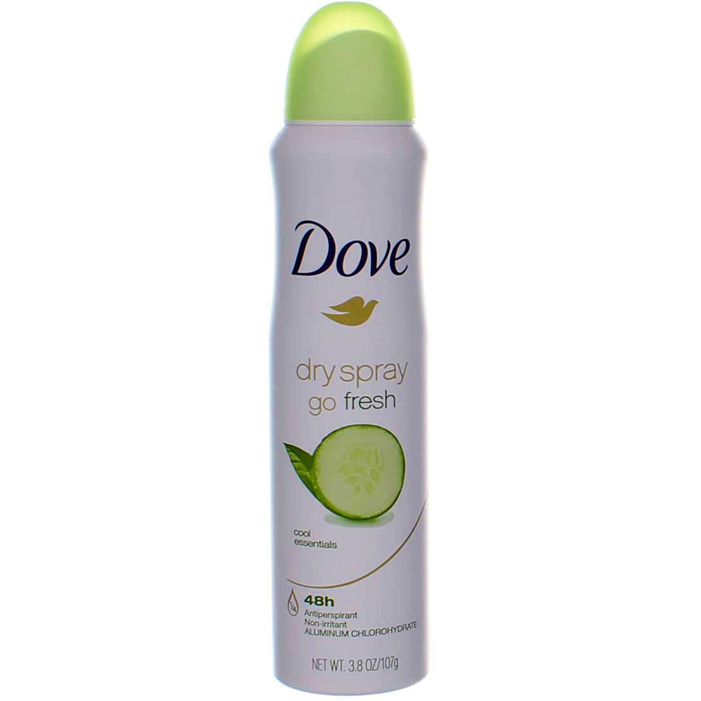 Dove Dry Spray Cool Essentials bottle closeup showing instant dry feel
