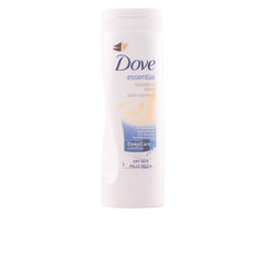 Lotion Dove Essential, bouteille ouverte, hydratation en profondeur pour une peau douce durable.