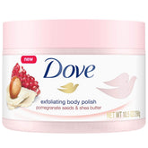 Dove Exfoliating Body Polish jar with pomegranate focus for silky, refreshed skin
