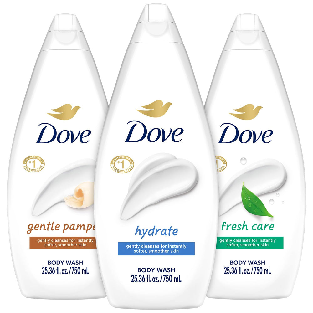Gel douche Dove Hydrate, hydratation douce pour peau sensible pendant la douche.