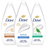 Gel douche Dove Hydrate, hydratation douce pour peau sensible pendant la douche.