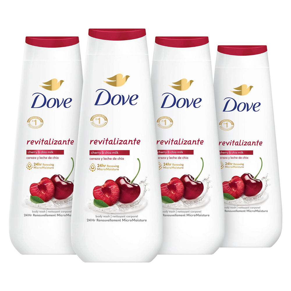 Bouteille Dove Gel Douche Revitalisant Cerise et Lait de Chia prête à hydrater.