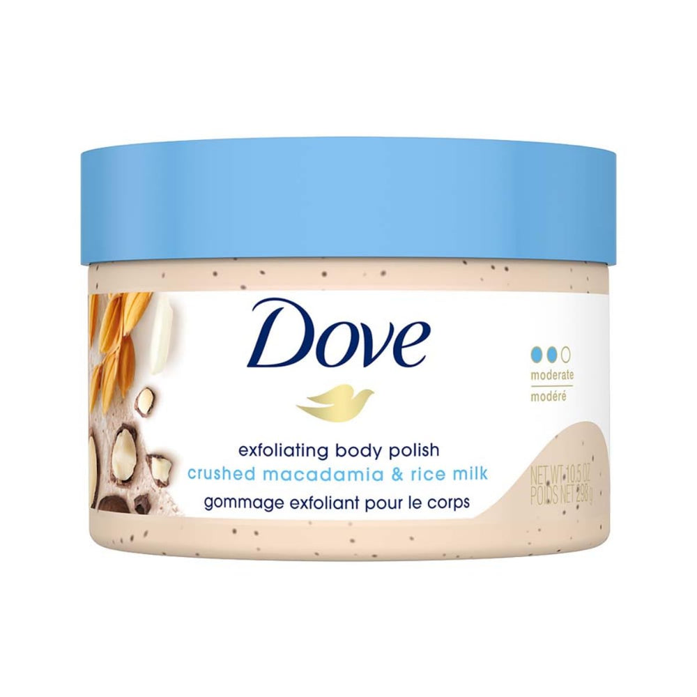 Gommage Dove Macadamia et Lait de Riz, pot: peau douce après chaque application.