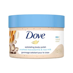 Gommage Dove Macadamia et Lait de Riz, pot: peau douce après chaque application.