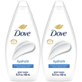 Dove Hydrate bottle pour shows a moisturizing cleanse for soft skin.
