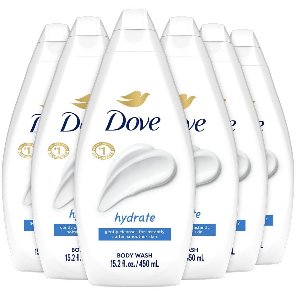 Gel douche Dove Hydrate, lot de 6 bouteilles, douceur hydratante pour la peau.