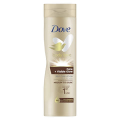 Lotion Dove Visible Glow Dark dans sa bouteille 250 ml, hydratation douce et éclat naturel.