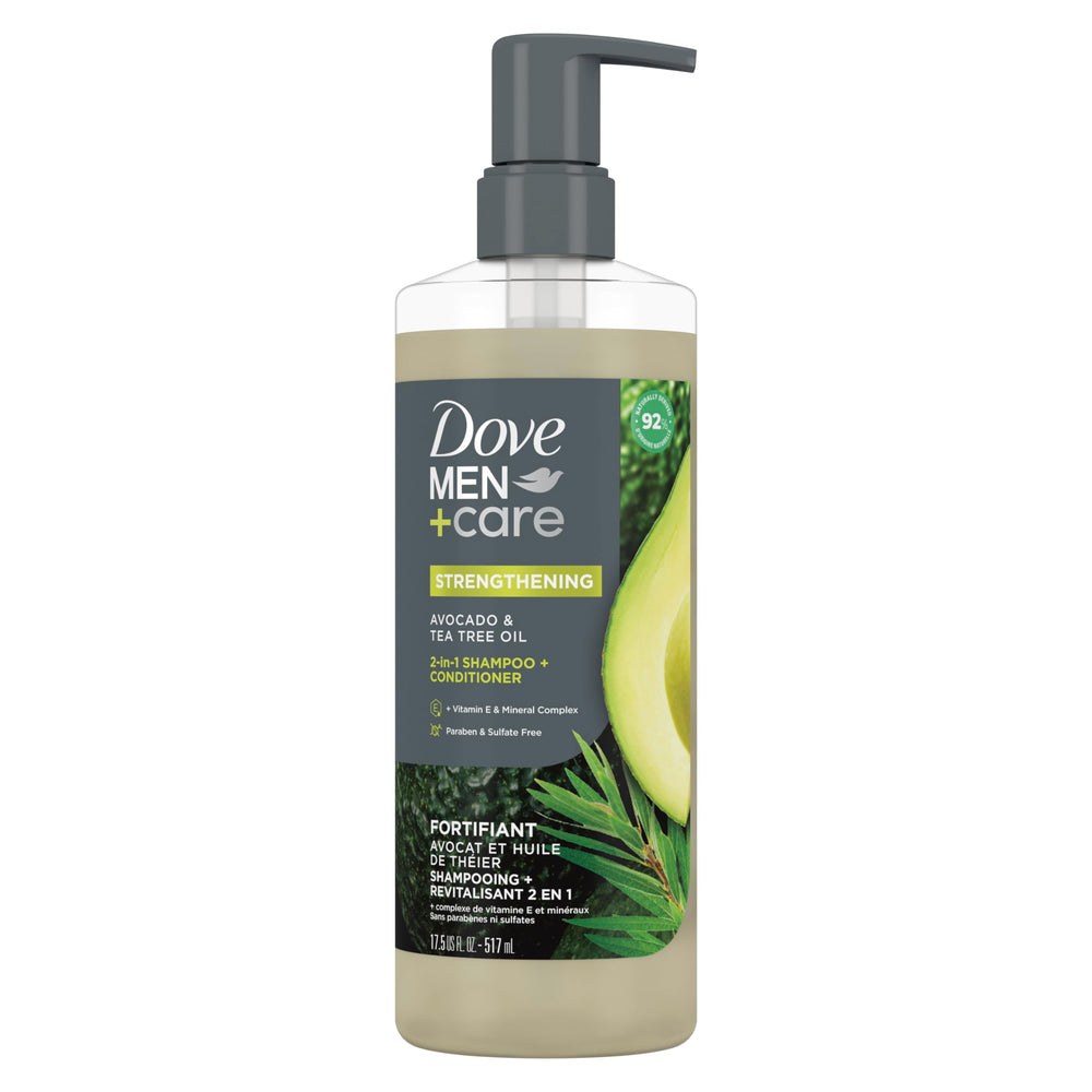 Bouteille Dove Men+Care 2-en-1 Avocat et Thé pour cheveux renforcés.