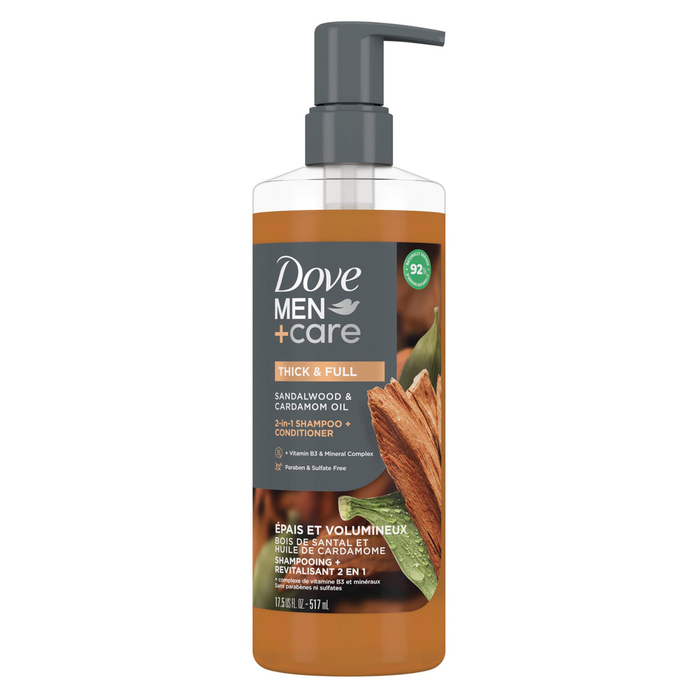 Bouteille Dove Men+Care 2-en-1 santal-cardamome pour cheveux plus épais.