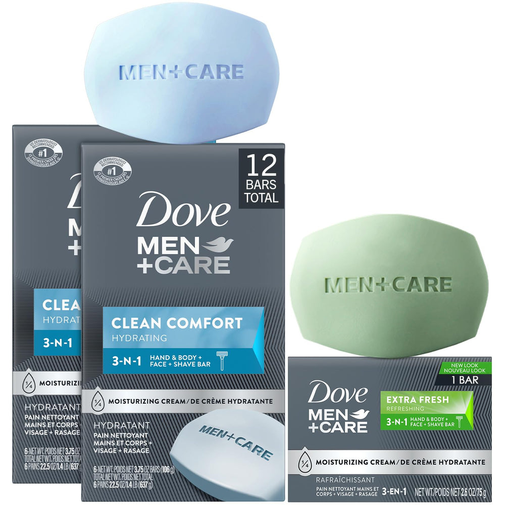 Dove Men+Care Clean Comfort, barre 3-en-1, hydratation quotidienne et douceur.